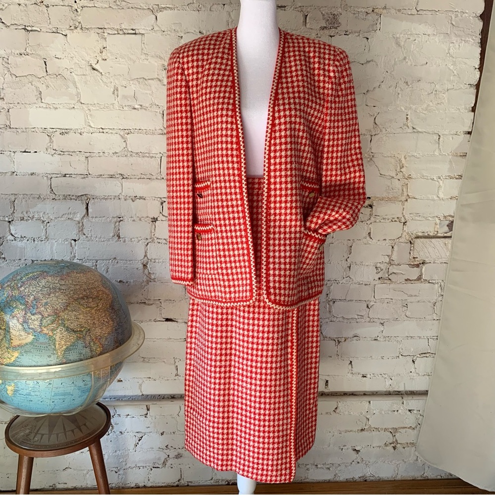 Vintage Houndstooth Skirt Jacket Set Red White/Cream Wool